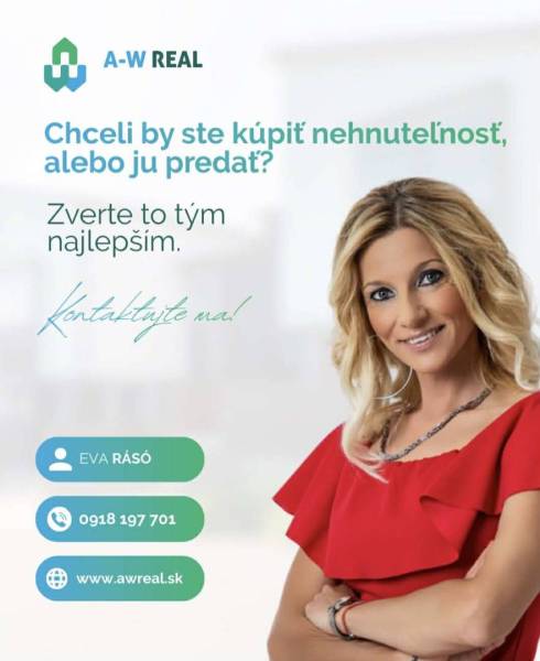 ☎️ 0918/197 701   PREDAJ A PRENÁJOM NEHNUTEĽNOSTI V OKRESE DUNAJSKÁ ST - Reklamný plagát realitnej kancelárie s kontaktnými údajmi a osobou v červenom oblečení.