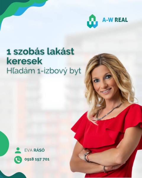 ☎️ 0918/197 701   PREDAJ A PRENÁJOM NEHNUTEĽNOSTI V OKRESE DUNAJSKÁ ST - Realitná agentka hľadá 1-izbový byt, kontakt na Evu Rásó a prezentácia A-W Real.