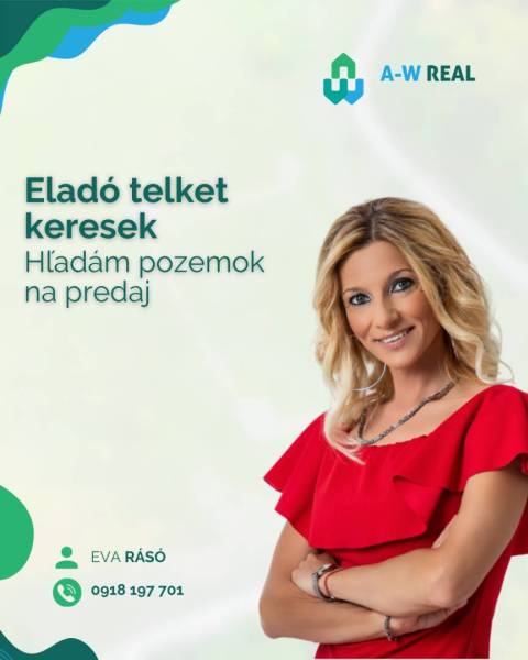 ☎️ 0918/197 701   PREDAJ A PRENÁJOM NEHNUTEĽNOSTI V OKRESE DUNAJSKÁ ST - Žena v červených šatách, logo A-W REAL a kontaktné údaje. Skúma predaj pozemkov.