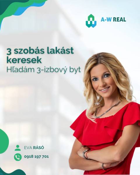 ☎️ 0918/197 701   PREDAJ A PRENÁJOM NEHNUTEĽNOSTI V OKRESE DUNAJSKÁ ST - Žena v červených šatách propaguje 3-izbový byt. Kontakt: Eva Rásó, 0918 197 701.