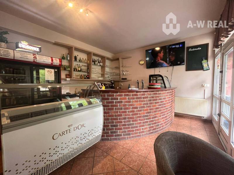 ☎️ 0918/197 701 SUPER INVESTÍCIA !  Znížená cena !!Obchodný priestor n - Interiér obchodných priestorov s tehlovým pultom a vitrínou na zmrzlinu.