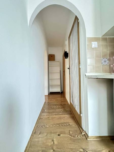 ☎️  0918/197 701  Na prenájom 1 izbový byt s balkónom a pivnicou v mes - Úzka chodba s poličkou a dverami, podlaha s dreveným dekorom v 1-izbovom byte.