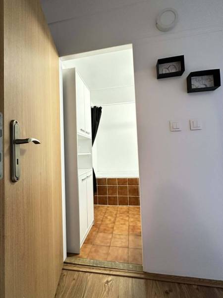 ☎️  0918/197 701  Na prenájom 1 izbový byt s balkónom a pivnicou v mes - Interiér s podlahou s dreveným dekorom, biele skrine, dlaždice a otváracie dvere.