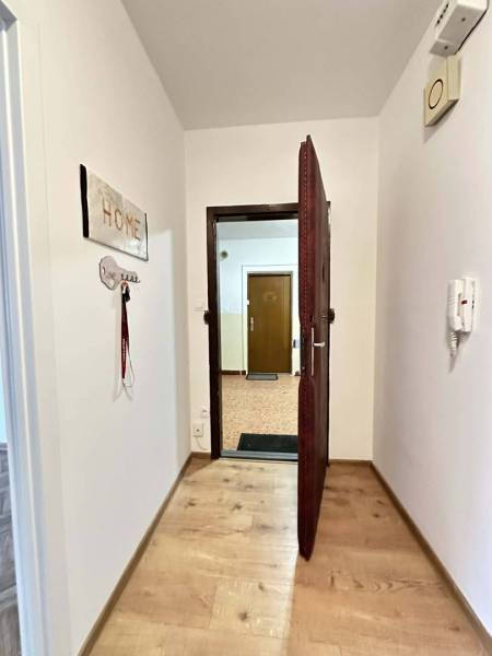 ☎️  0918/197 701  Na prenájom 1 izbový byt s balkónom a pivnicou v mes - Vstupná chodba v 1-izbovom byte s podlahou v drevenom dekore a otvorenými dverami.