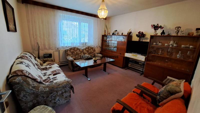 NA PREDAJ 6 izbový rodinný dom v obci Hrušovany  - Obývačka v rodinnom dome s kobercovou podlahou, nábytkom a dekoráciami.