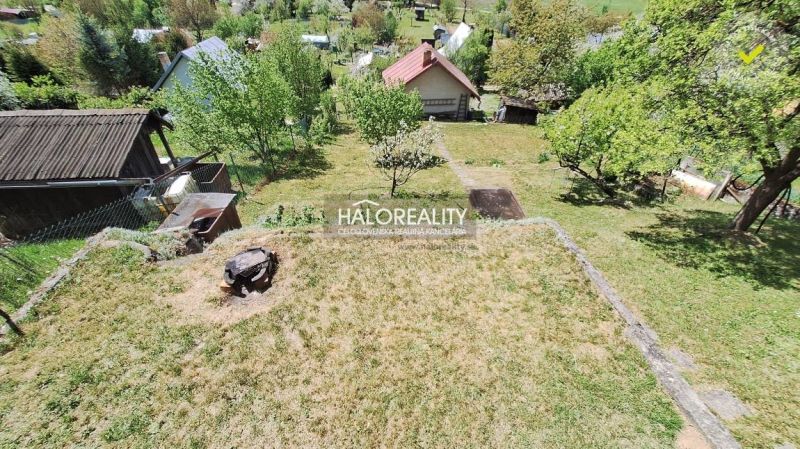 Predaj, chata Revúca - EXKLUZÍVNE HALO REALITY - Záhrada pri chate v Revúci s trávnatým porastom a ovocnými stromami.