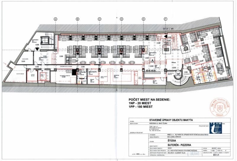 Gastro priestor 770m2, 200 miest na sedenie - prenájom v centre Žiliny - Pôdorys gastro priestorov pizzerie na Národnej v Žiline, kapacita na sedenie 180 miest.