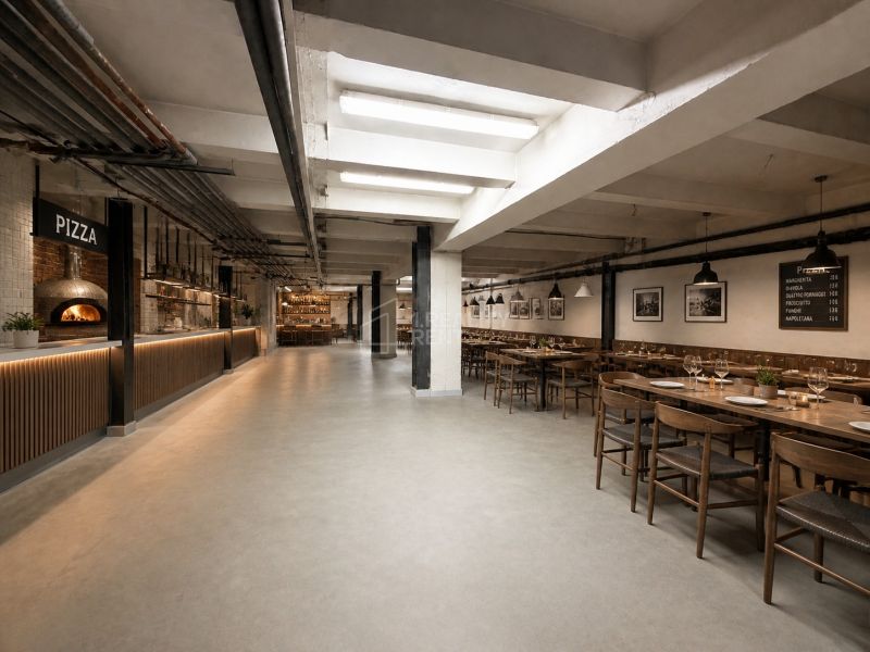 Gastro priestor 770m2, 200 miest na sedenie - prenájom v centre Žiliny - Pizzeria s tehlovou pecou a podlahou s dreveným dekorom, upravené gastro priestory.