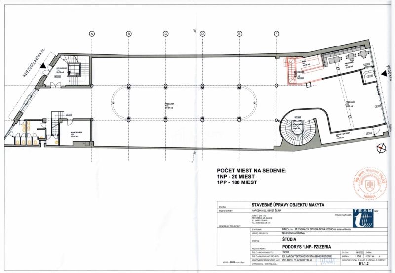 Gastro priestor 770m2, 200 miest na sedenie - prenájom v centre Žiliny - Pôdorys Gastro priestorov na Národnej ulici v Žiline s kapacitou 200 miest.