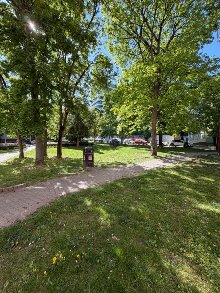 Na predaj 1.izbový byt v širšom centre mesta pri trhovisku. - Zeleň parku s chodníkom a stromami v Bratislave-Ružinove.