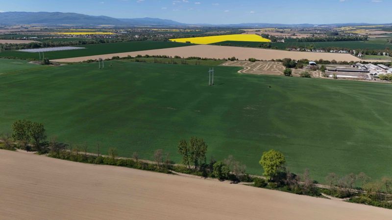 Trhovište – 5.894 m2 POZEMOK na mobilný dom so stavebným potenciálom  - Letecký pohľad na zelené polia obklopené poľnohospodárskou krajinou pri Trhovištiach.