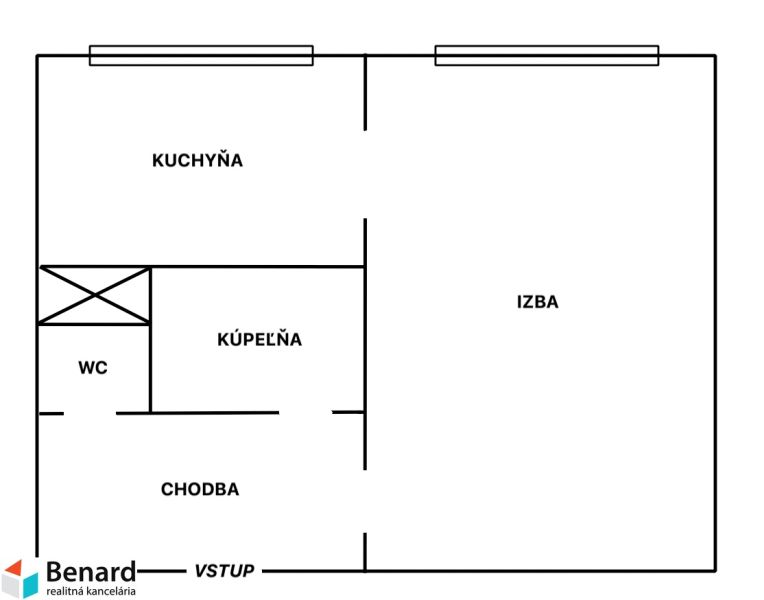 NA PRENÁJOM 1 IZBOVÝ TEHLOVÝ BYT, 34 M2, KOŠICE - ŠACA - Pôdorys 1-izbového bytu s kuchyňou, izbou, kúpeľňou, WC a chodbou.