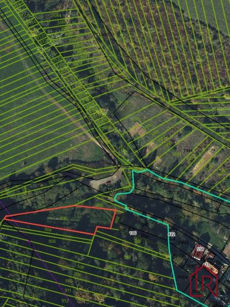 KH-948, Záhrada, pozemok, Prešov, Kendice - Letecký pohľad na záhrady v Kendiciach s vyznačenými parcelami a vegetáciou.