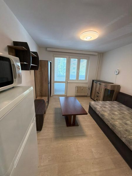 Na prenájom garzónka s balkónom v Petržalke - Garsónka s podlahou s dreveným dekorom, sedačka, stolík, nábytok a okno s radiátorom.