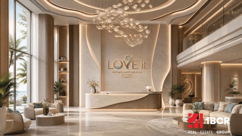 LOVE IT WONGAMAT BEACH PATTAYA - Interiérový priestor s recepciou a podlahou s dreveným dekorom vo výstavbe bytov.