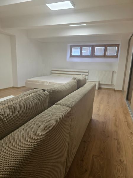 Moderný prenájom na ulici Bakossova za 550 € mesačne - Interiér 1-izbového bytu s pohovkou, posteľou a podlahou s dreveným dekorom.