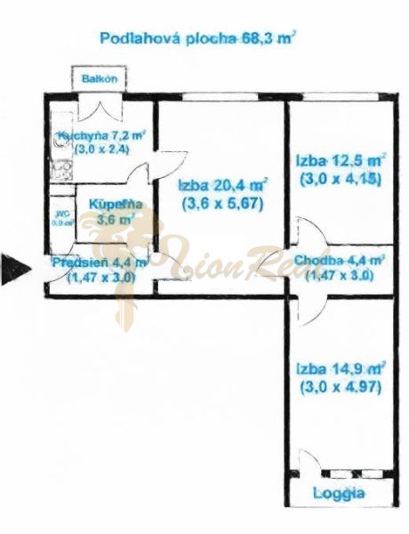 3-izb. byt, Ružinov, Šalviová, lodžia, 3.p./9 - Pôdorys 3-izbového bytu s loggiou a balkónom, výmera 68,3 m².