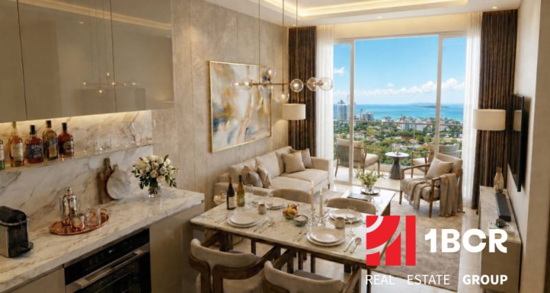 1 SPÁLŇOVÝ APARTMÁN - LOVE IT WONGAMAT BEACH PATTAYA - 2-izbový byt s výhľadom na more, elegantná obývacia izba a jedálenský kút.