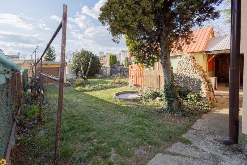 Predaj rodinného domu Piešťany - Záhrada rodinného domu na Mlynskej ulici v Piešťanoch s trávnikom a stromami.