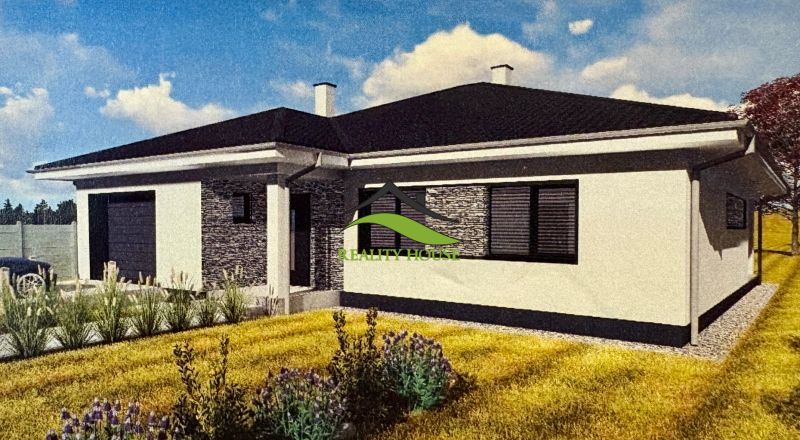 NOVOSTAVBA  - Rozostavaný bungalov v obci Dúbravka - Rodinný dom v Dúbravke s kamenným obkladom, bielou fasádou a trávnikom pred domom.
