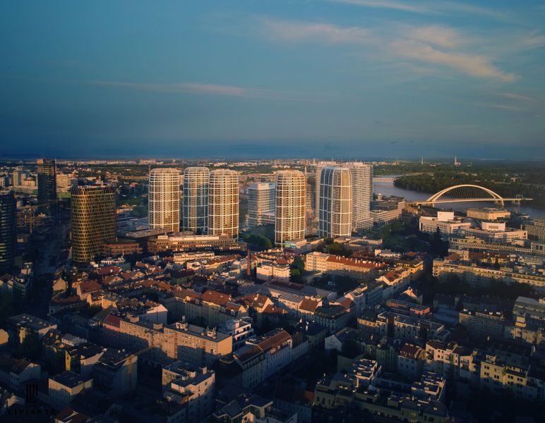 PRENÁJOM vnútorné parkovacie státie v garáži Sky Park – Tower 3 - Letecký pohľad na architektúru v Bratislave s mostom a budovami pri rieke.