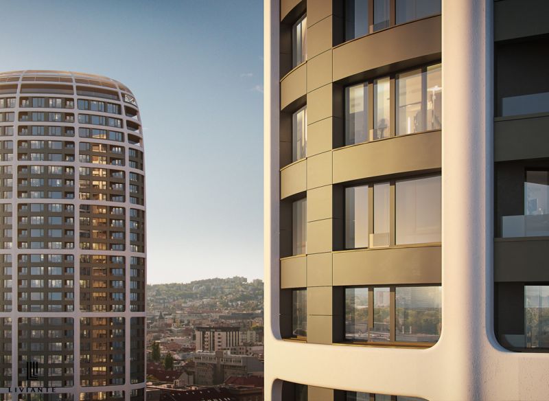 PRENÁJOM vnútorné parkovacie státie v garáži Sky Park – Tower 3 - Pohľad na moderné výškové budovy s panorámou Bratislavy z Továrenskej ulice.