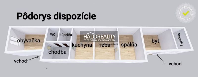 Predaj, rodinný dom Malacky, Juh - EXKLUZÍVNE HALO R... - Pôdorys rodinného domu v Malackách s obývačkou, kuchyňou a spálňou.