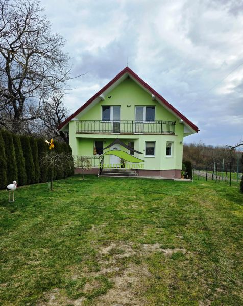Poschodový rodinný dom v  obci Klokočov okr. Michalovce - Zelený rodinný dom v Klokočove s verandou a upravenou záhradou.