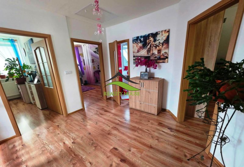 Poschodový rodinný dom v  obci Klokočov okr. Michalovce - Interiér rodinného domu s podlahou s dreveným dekorom a izbovými rastlinami.