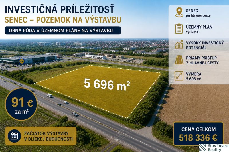 Investičný pozemok pri hlavnej ceste v Senci – územný plán na výstavbu - Pozemok na bývanie v Senci s výmerou 5 696 m², vhodný na výstavbu.