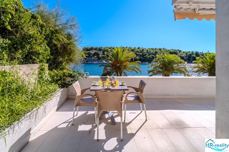 Brač(HR) - Apartmány v 1. rade u mora !!! - Terasa s výhľadom na more v rekreačnom apartmáne na Brači obklopená prírodou a palmami.