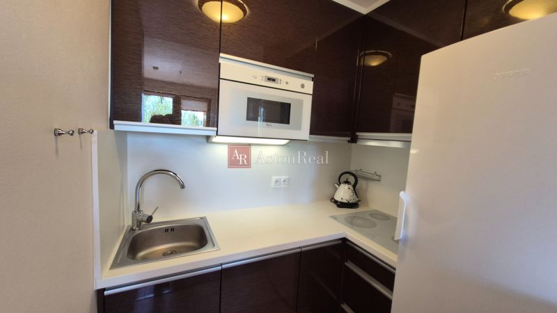 Investičný apartmán Vysoké Tatry - Stará Lesná s balkónom a park.miest - Kuchyňa s bielymi spotrebičmi a tmavými skrinkami v Rekreačnom apartmáne.