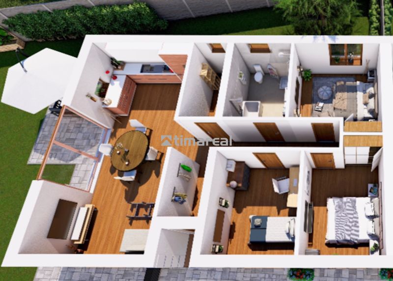 * novostavba moderného 4i domu, Vlčany, centrum - Pôdorys rodinného domu s podlahou s dreveným dekorom, kuchyňou, jedálňou a obývačkou.