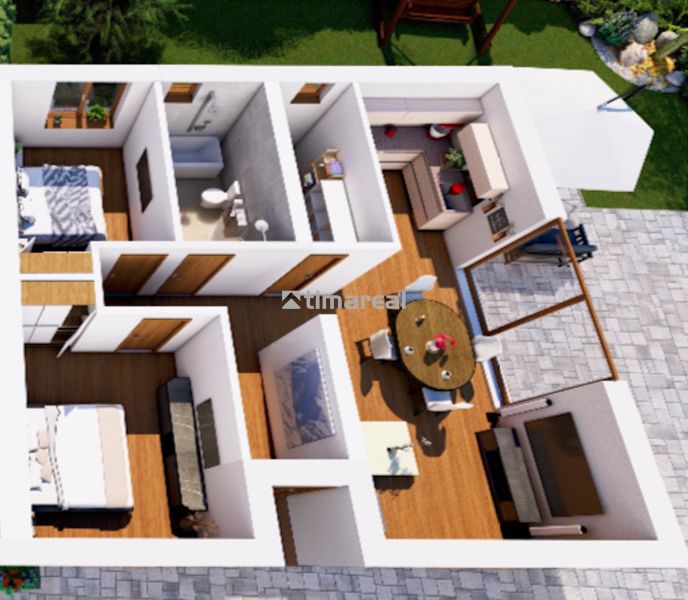 * novostavba moderného 3i domu, Vlčany, centrum - Pôdorys rodinného domu s podlahou s dreveným dekorom a záhradou.