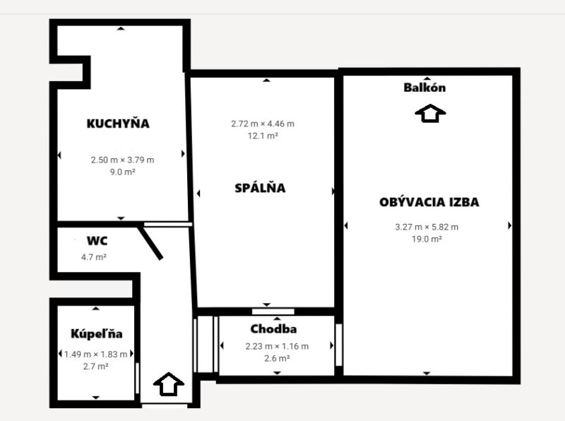 2 izbový prerobený byt v Trenčíne Pred poľom s balkónom - Pôdorys 2-izbového bytu s kuchyňou, obývacou izbou a balkónom.