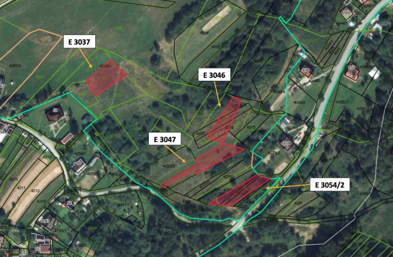 Svrčinovec (Komasácia) – 1/1 POZEMKY pri obci - Mapa poľnohospodárskych a lesných pozemkov v oblasti Svrčinovca s identifikačnými označeniami.