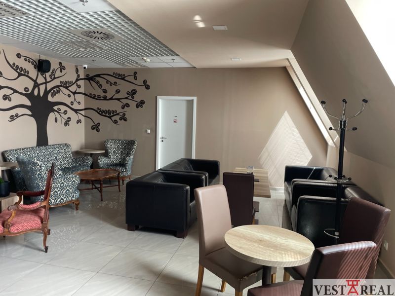 ODSTÚPENIE ZABEHNUTEJ KAVIARNE V CENTRE TRNAVY – TROJIČNÉ NÁMESTIE - Gastro priestory so stromovou dekoráciou na stene, kreslami a stoličkami, podlaha s dreveným dekorom.