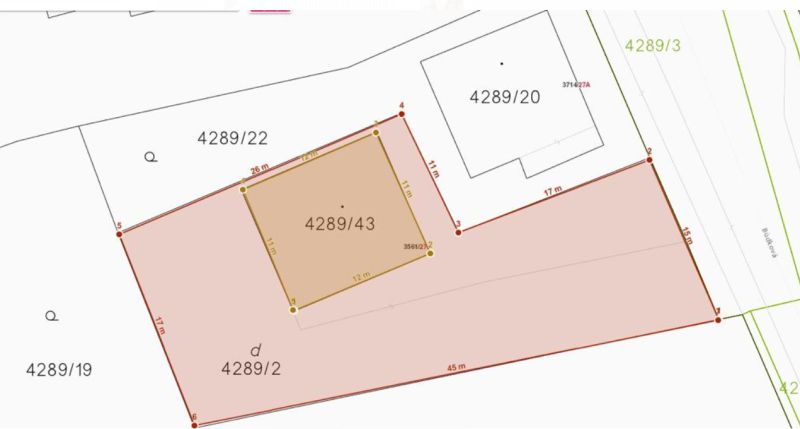 PREDAJ -Lukratívny pozemok so starším domom pri Horskom parku - Katastrálna mapa s parcely 4289/43 a 4289/2 na ulici Búdková v Bratislave.