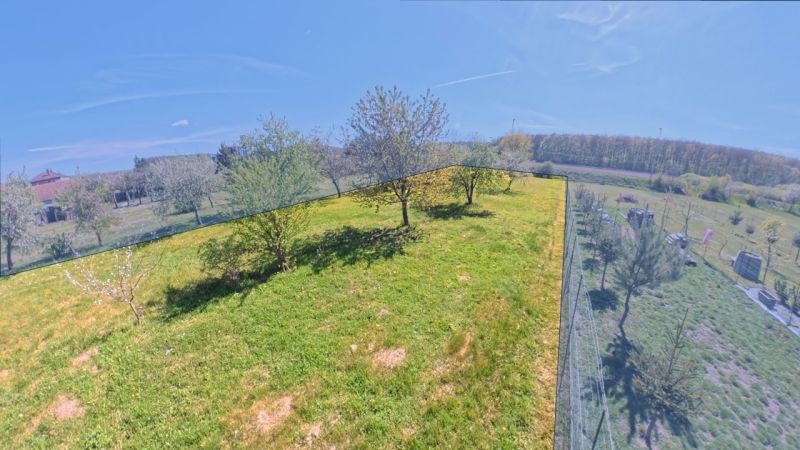 Dobré Reality ponúkajú rodinný dom s veľkou záhradou v obci Svinná  - Záhrada s ovocnými stromami pri rodinnom dome v Svinej pod modrou oblohou.