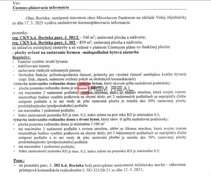 PREDAJ nádherný pozemok Borinka všetky siete + super výhľad - Územnoplánovacia informácia pre Borinku zahŕňa výstavbu domov a ochranné pásma.