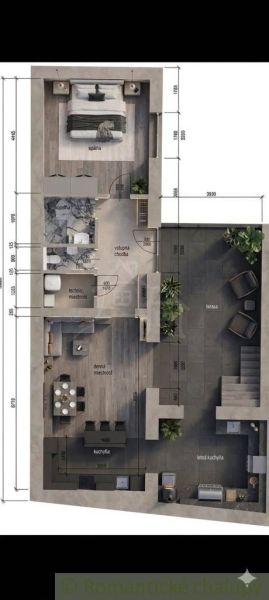 SOBOTIŠTE – VIDIECKY DOM PO ZÁSADNEJ REKONŠTRUKCII ( PRIPRAVENÝ NA DOK - Pôdorys rodinného domu s kuchyňou, obývačkou, spálňou a terasou.