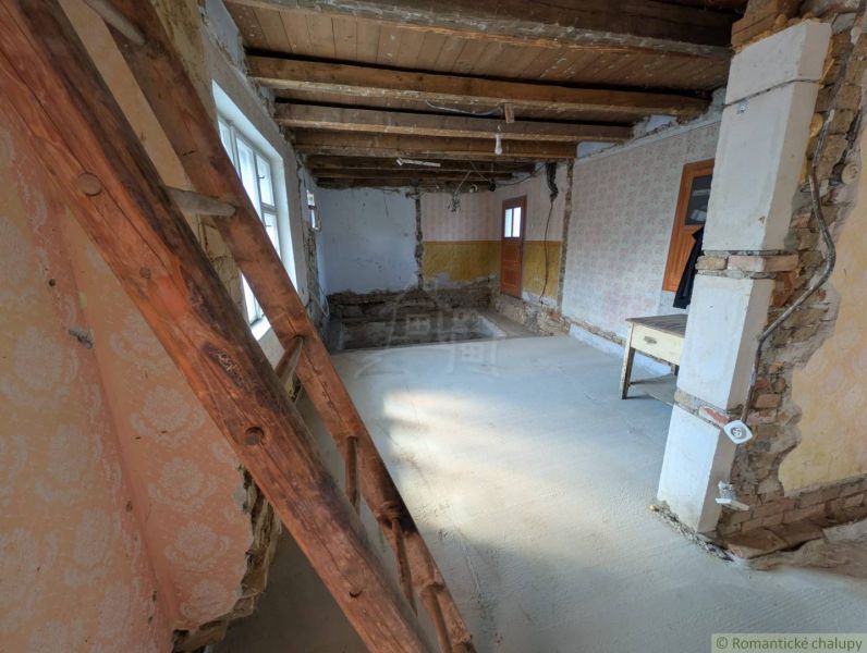 SOBOTIŠTE – VIDIECKY DOM PO ZÁSADNEJ REKONŠTRUKCII ( PRIPRAVENÝ NA DOK - Interiér rodinného domu s dreveným stropom, starými tapetami a rebríkom.