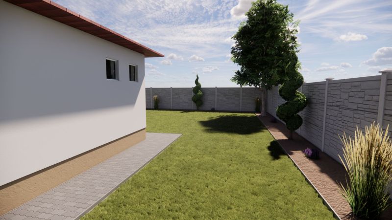 NA PREDAJ 3-IZBOVÝ RD (ČASŤ DVOJDOMU), ZEMIANSKA OLČA - Pohľad na dvor rodinného domu v Zemianskej Olči s upravenou zeleňou a chodníkom.