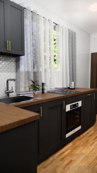 NA PREDAJ 3-IZBOVÝ RD (ČASŤ DVOJDOMU), ZEMIANSKA OLČA - Moderná kuchyňa v rodinnom dome s podlahou s dreveným dekorom a tmavými skrinkami.