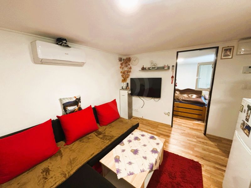 Celoročne obývateľná chata v Gabčíkove na 150 m² pozemku pri Dunaji - Obývacia izba s pohovkou, červenými vankúšmi, TV a podlahou s dreveným dekorom.