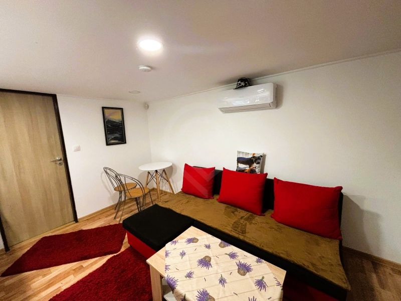 Celoročne obývateľná chata v Gabčíkove na 150 m² pozemku pri Dunaji - Obývacia izba v Chate s červenými vankúšmi a podlahou s dreveným dekorom.