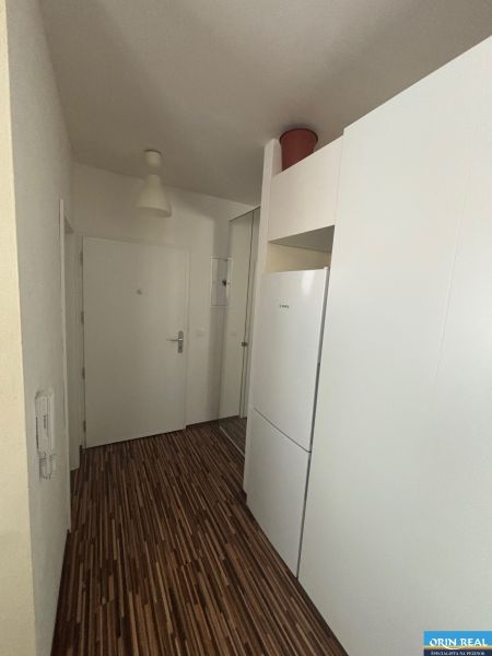 PRENÁJOM 1 IZB.BYTU NA MUŠKÁTE S PARKOVACÍM STÁTIM - Interiérová chodba s podlahou s dreveným dekorom v 1-izbovom byte, biele dvere a šatníková skriňa.