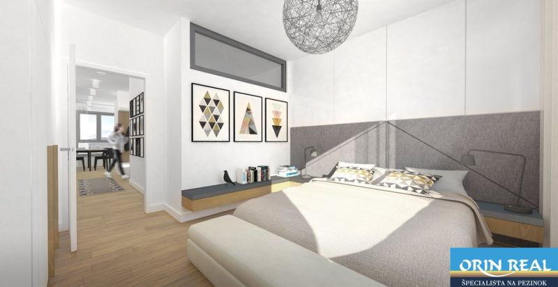 PREDAJ NADŠTANDARDNÉHO 4 IZB.BYTU V NOVOM KOMPLEXE-VINICE-150,18 m2 - Spálňa v 4-izbovom byte s moderným osvetlením, dekoráciami a výhľadom. Ulica Obchodná.