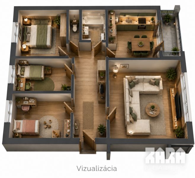 Ťahanovce - 4 izbový byt,  82 m2 + loggia. Krásny výhľad na mesto - Vizualizácia 4-izbového bytu s podlahou s dreveným dekorom a moderným zariadením.