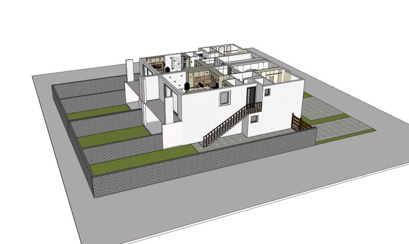 Na predaj 3-izb. byty s terasou v štvorbyt,Veľký Meder - 3D návrh 3-izbového bytu s exteriérovým schodiskom a zelenými plochami vo Veľkom Mederi.